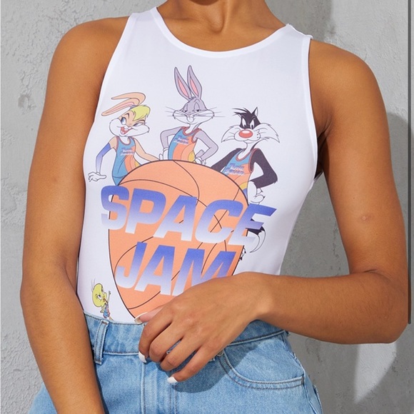 NWT Pretty Little Thing Space Jam Printed Racer Bodysuit - Picture 2 of 10